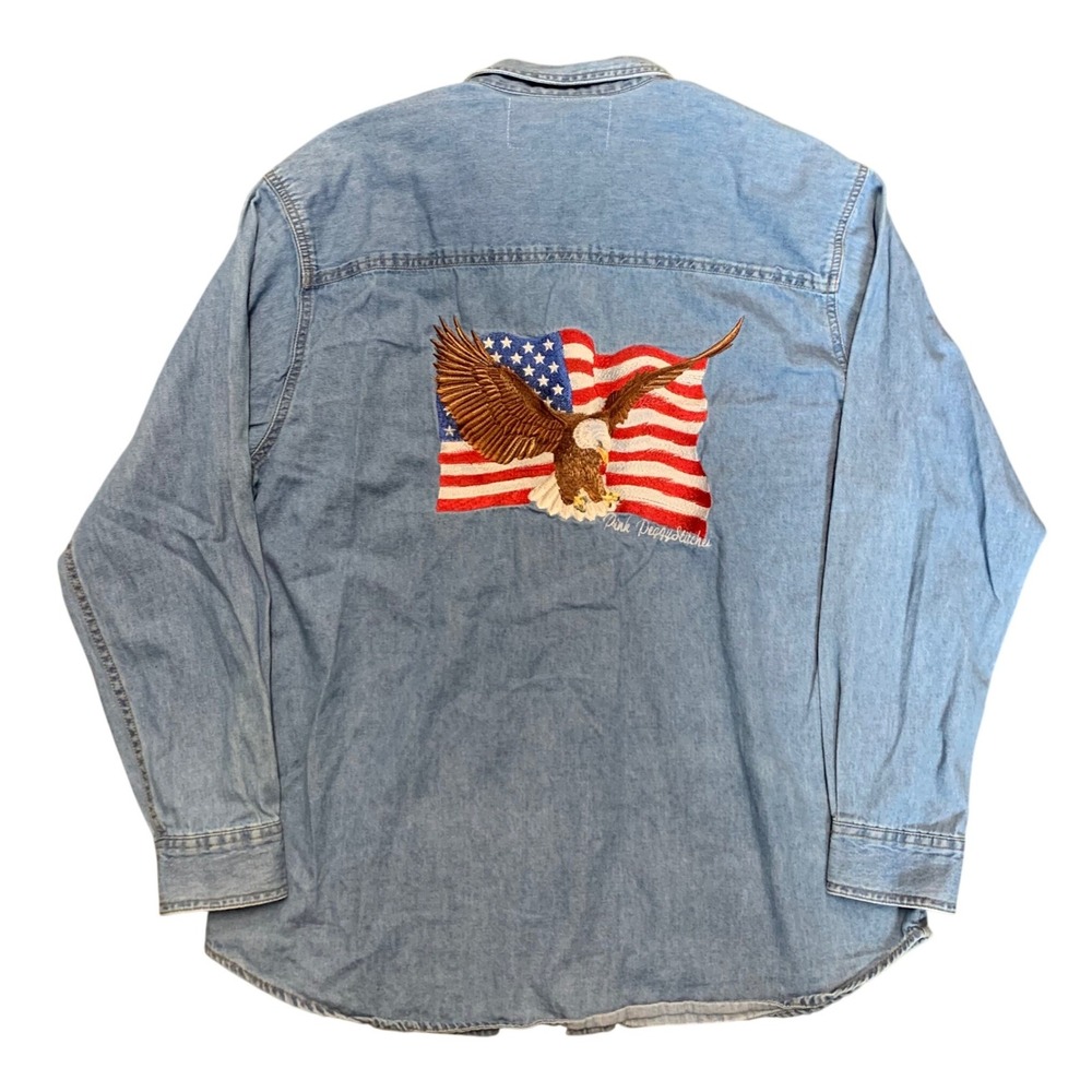 Peregrine Bay Mens Denim Shirt Small American‎ Flag Eagle Embroidered July 4th